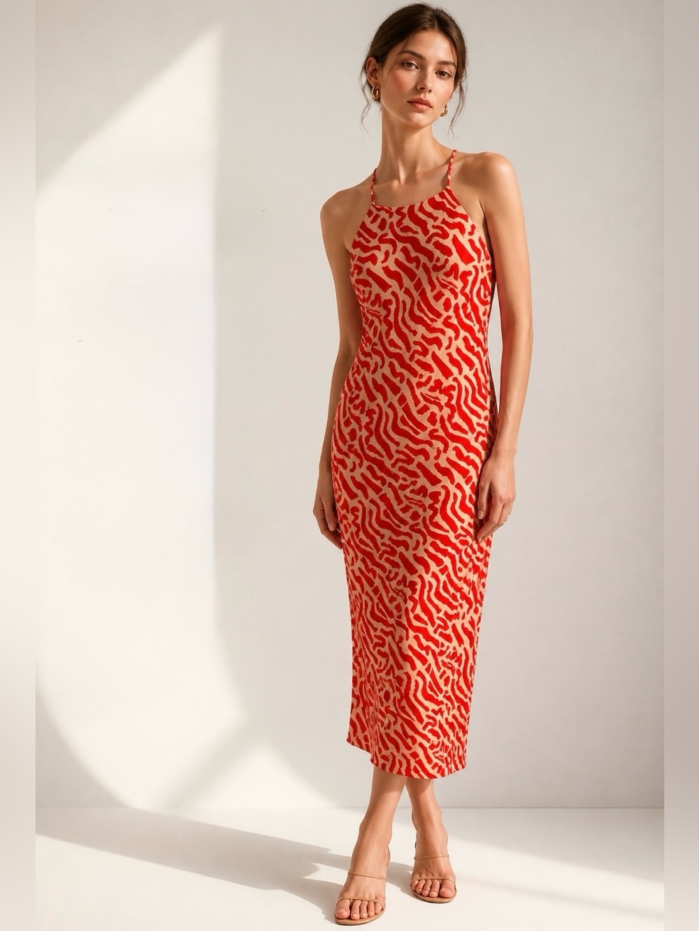 Land of the free orange Patterned Midi Slip Dress with Thin Straps